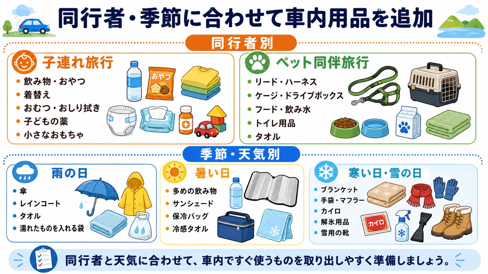 子連れ・ペット同伴・雨・暑さ・雪の日に追加したい車旅行の持ち物