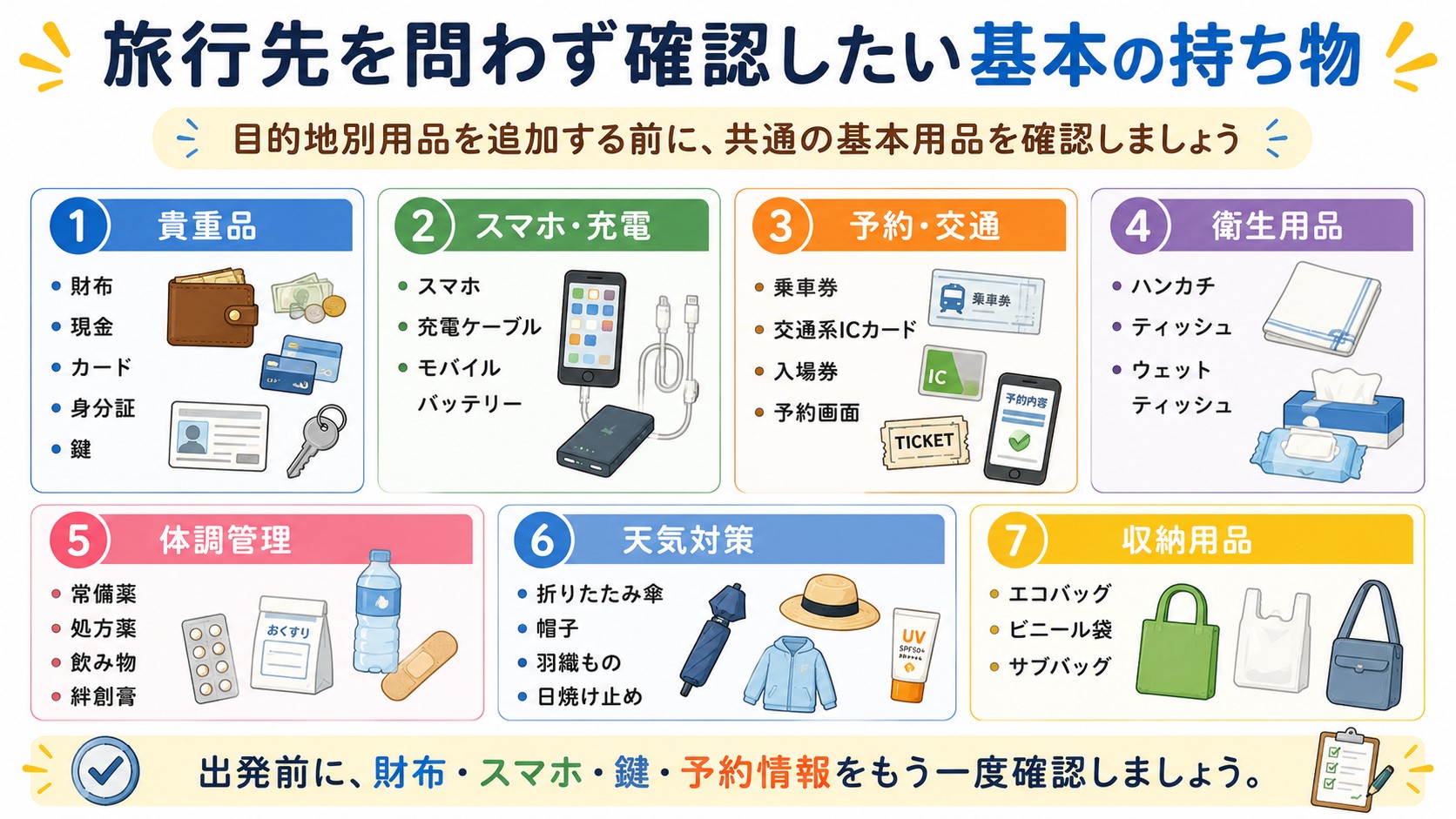財布・スマホ・予約・衛生用品・体調管理など旅行先共通の基本的な持ち物一覧