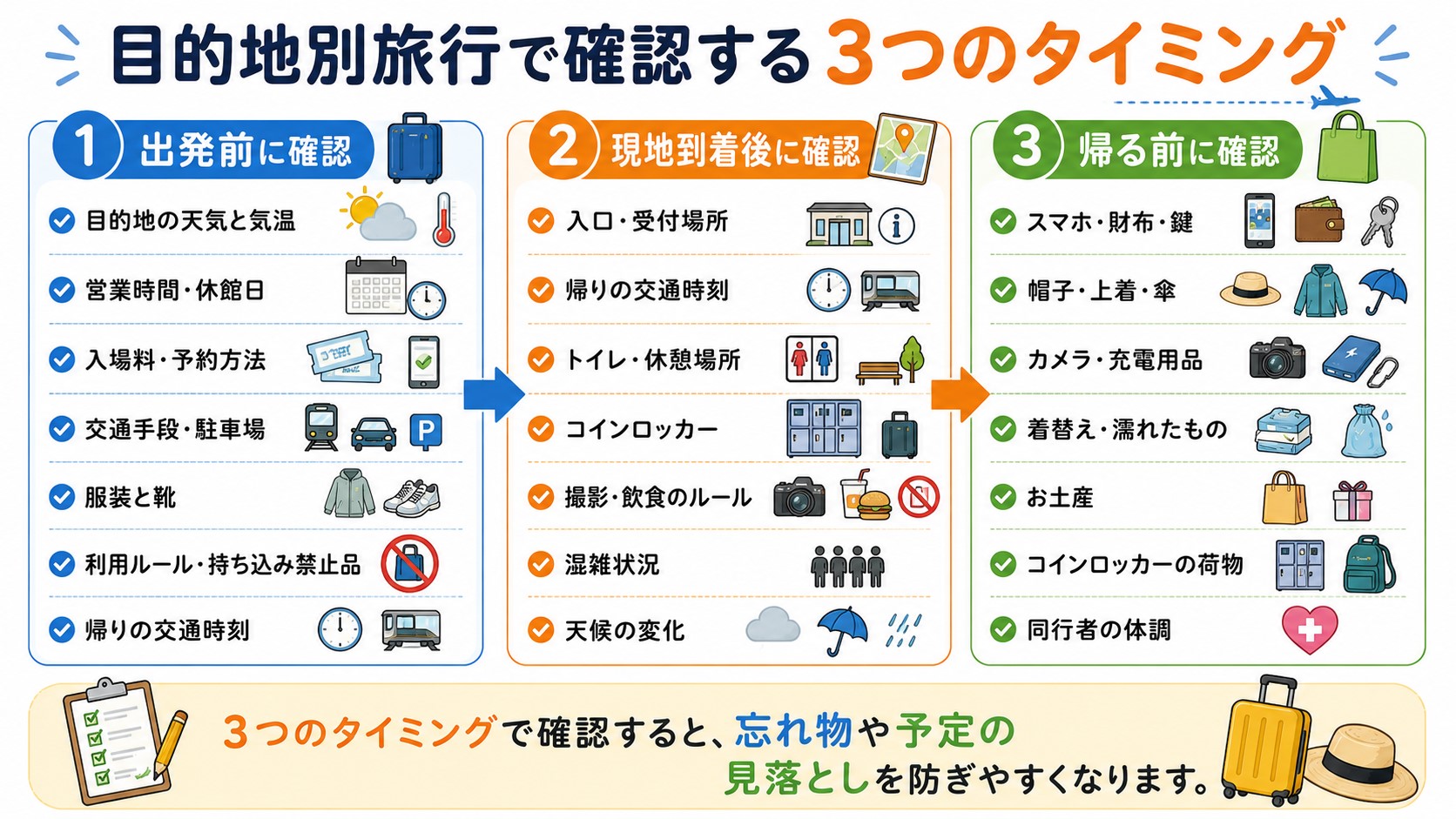 目的地別旅行の出発前・現地到着後・帰る前に確認する項目をまとめた図解