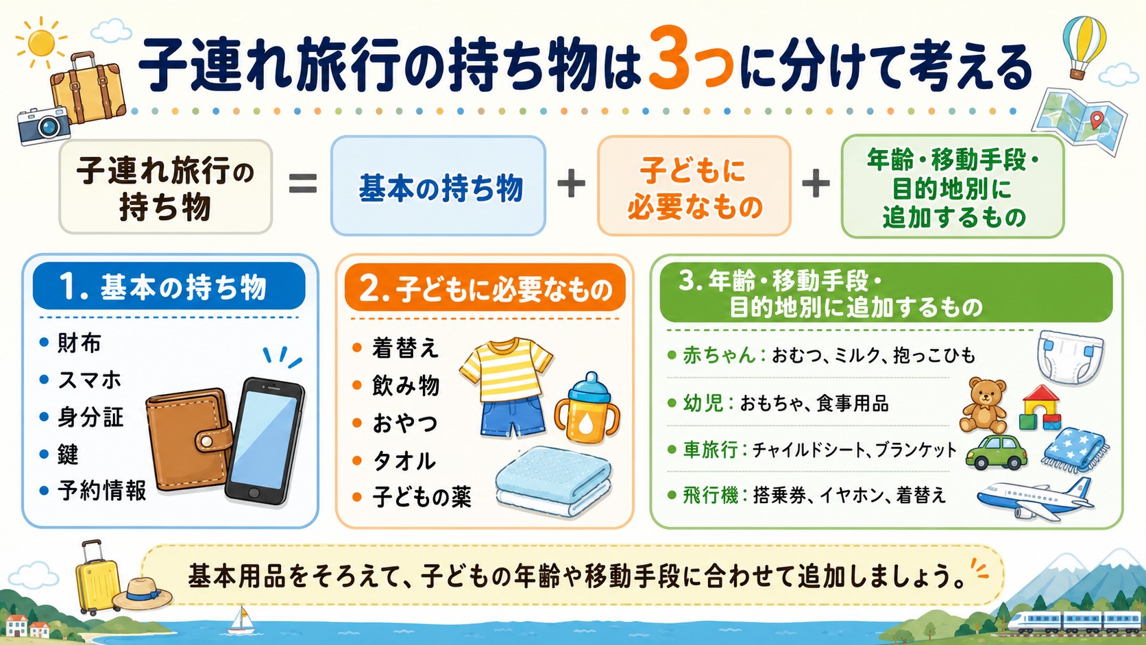 子連れ旅行の持ち物を基本用品・子ども用品・年齢や移動手段別の追加用品に分けた図解
