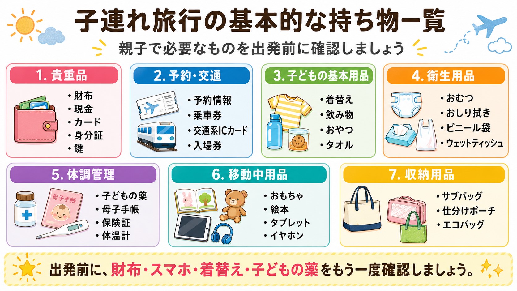 着替えやおやつ、おむつ、薬、おもちゃなど子連れ旅行の基本的な持ち物一覧