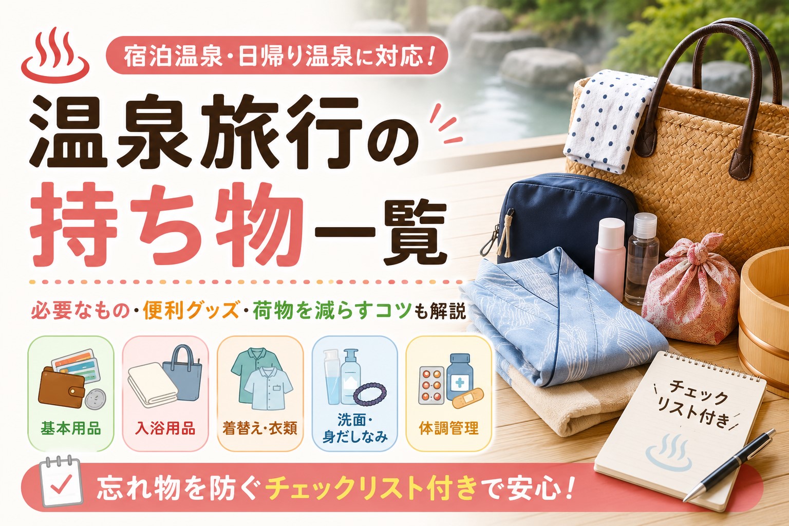 温泉旅行の持ち物一覧｜宿泊・日帰り別に必要なものを詳しく解説