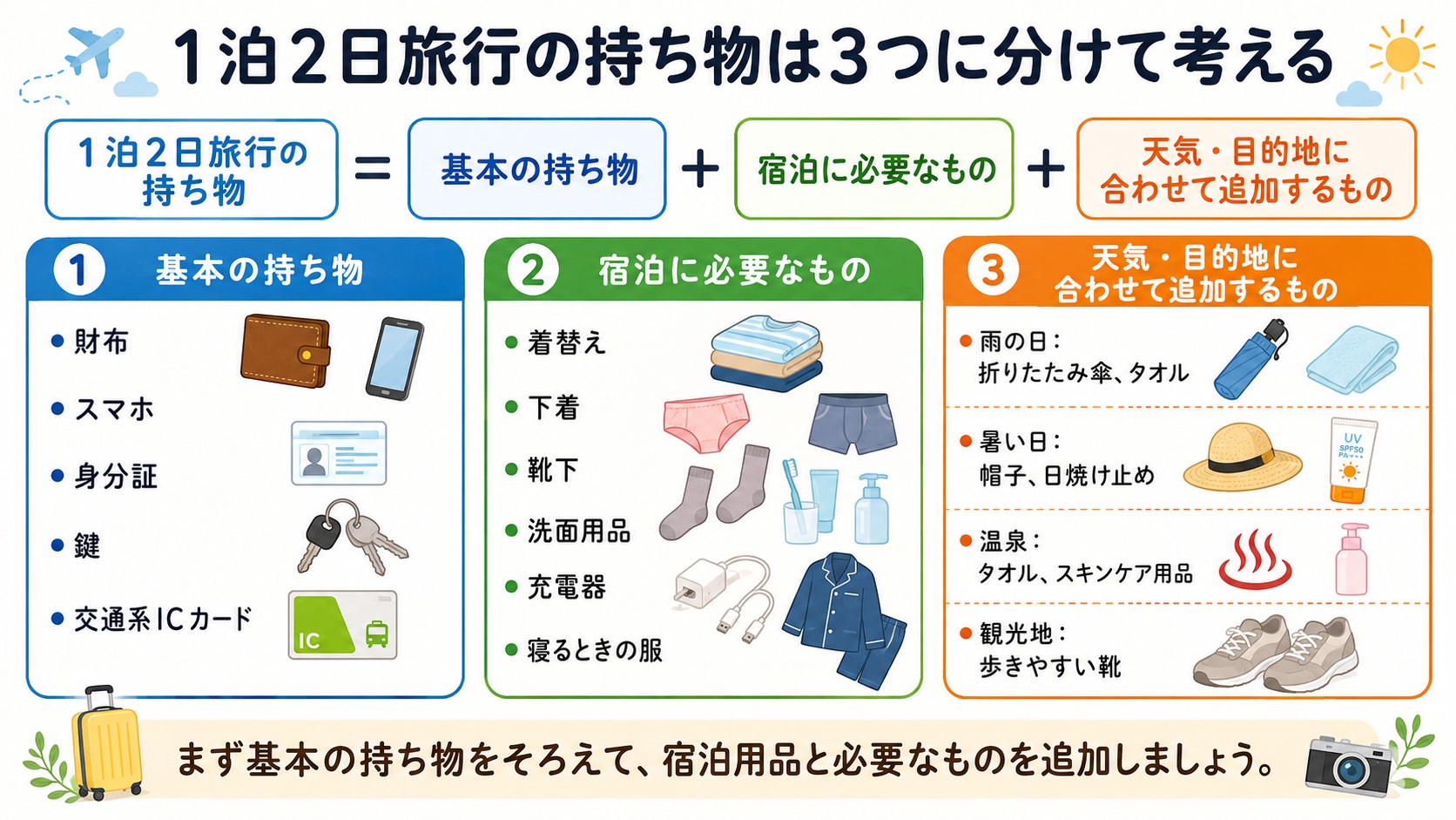 1泊2日旅行の持ち物を基本用品・宿泊用品・目的地別に分けて説明する図解