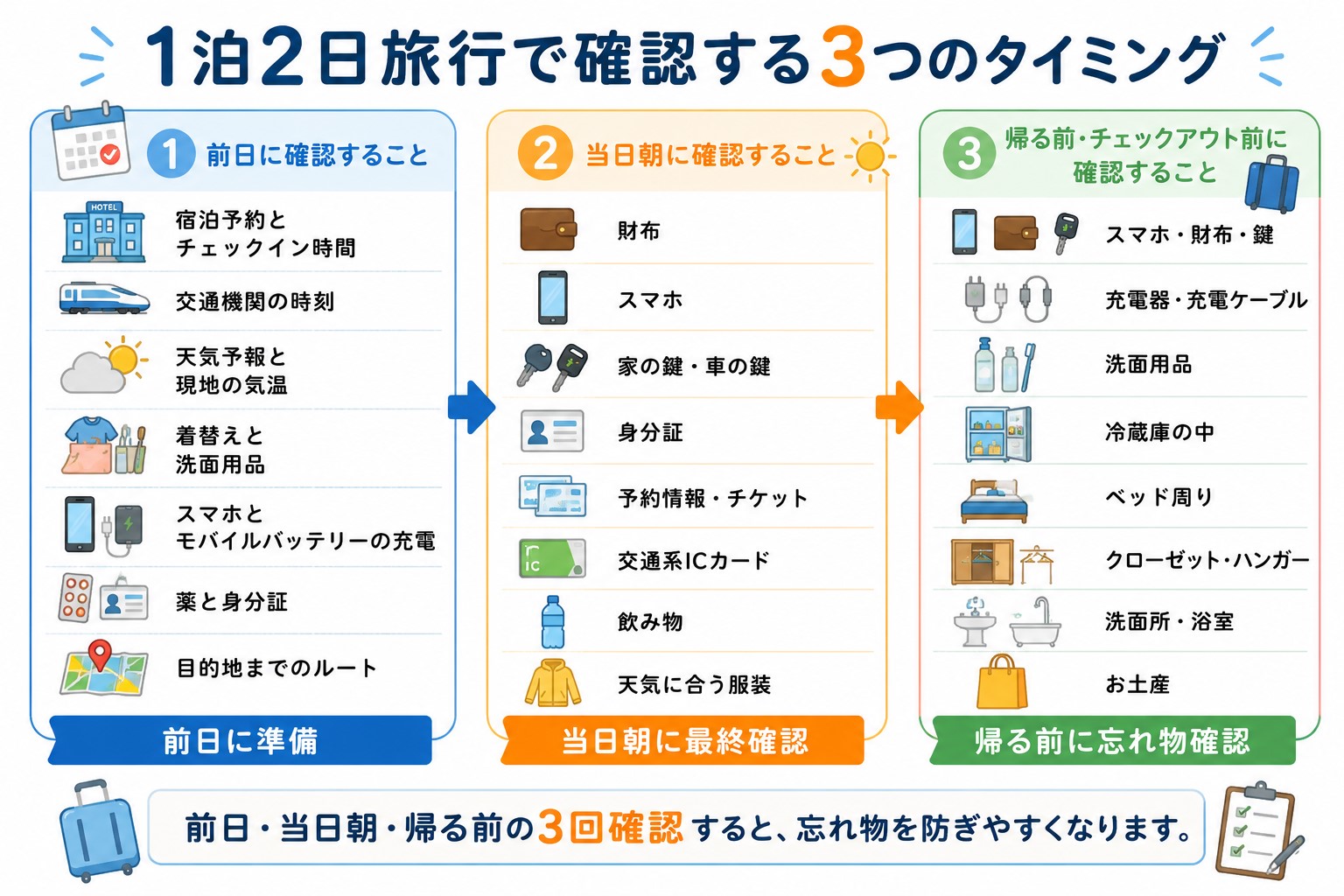 1泊2日旅行の前日・当日朝・チェックアウト前に確認する項目をまとめた図解