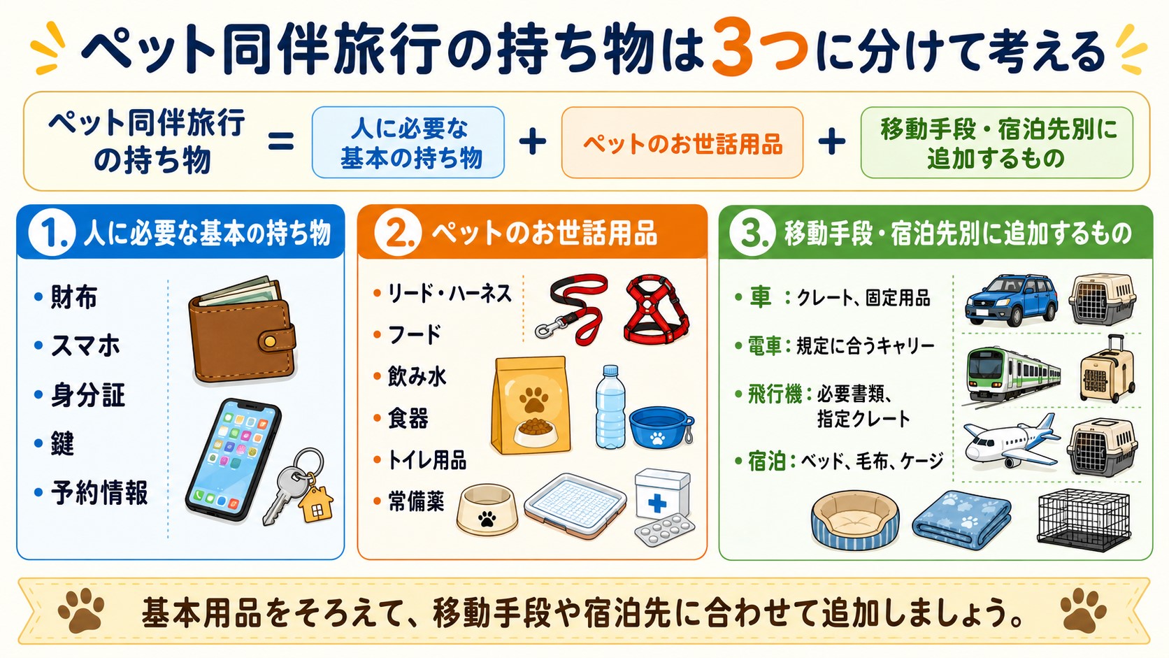 ペット同伴旅行の持ち物を人用の基本用品・ペットのお世話用品・移動や宿泊別の追加用品に分けた図解