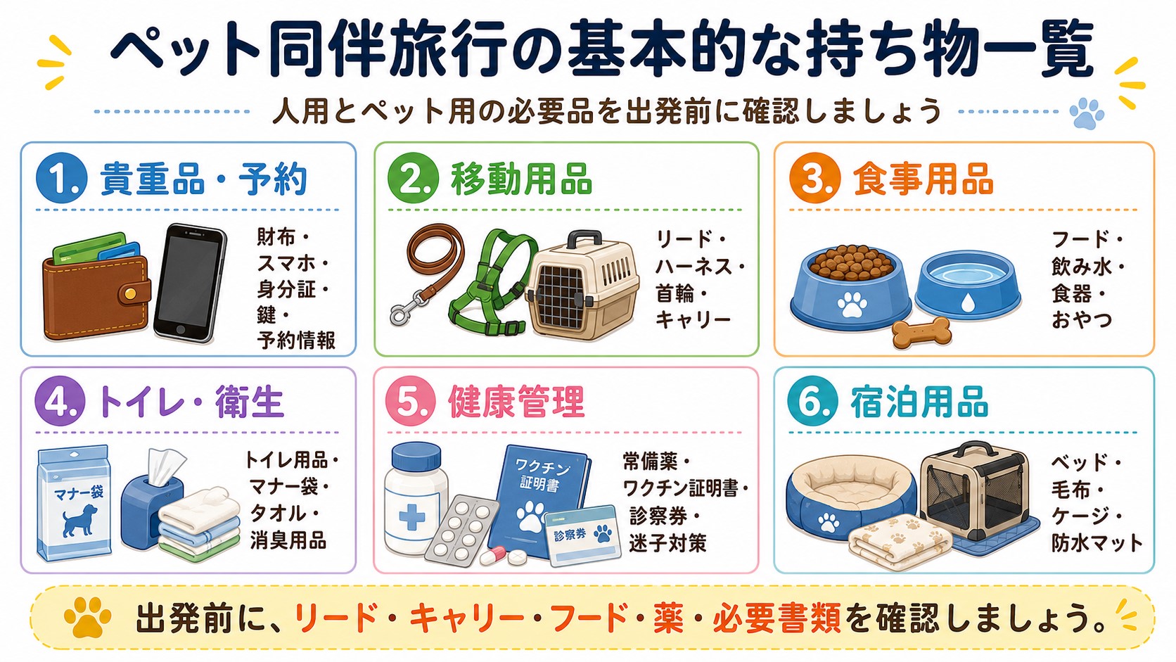 リード・キャリー・フード・トイレ用品・薬などペット同伴旅行の基本的な持ち物一覧