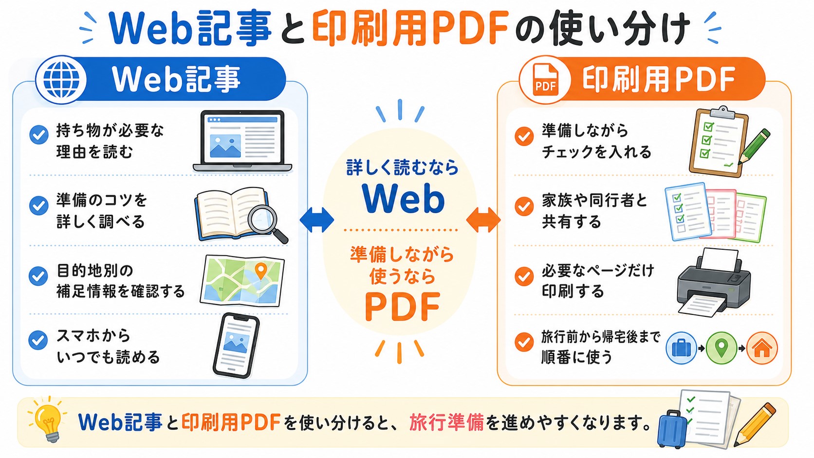 詳しい説明を読むWeb記事と準備しながら確認する印刷用旅行チェックリストPDFの違い