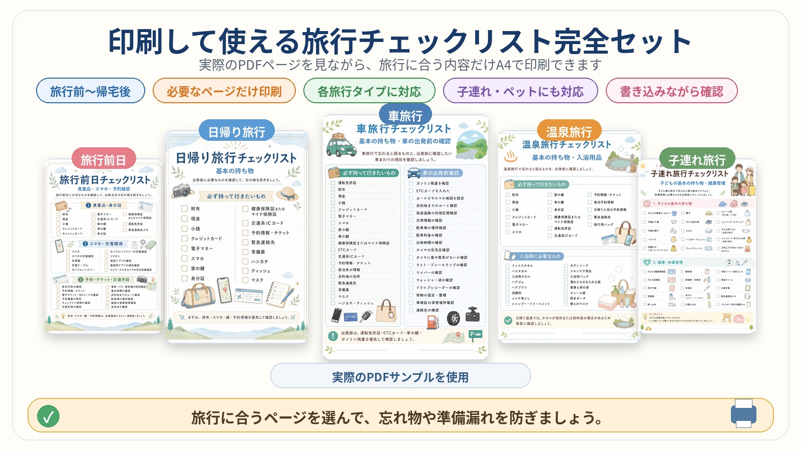 旅行前日・宿泊・車・温泉・子連れなど旅行チェックリスト完全セットPDFの実物ページサンプル