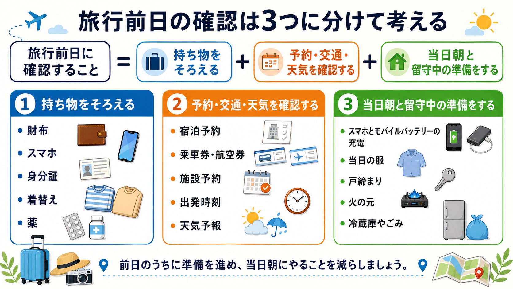 旅行前日に確認する持ち物・予約・交通・当日朝と家の準備を3つに分けた図解