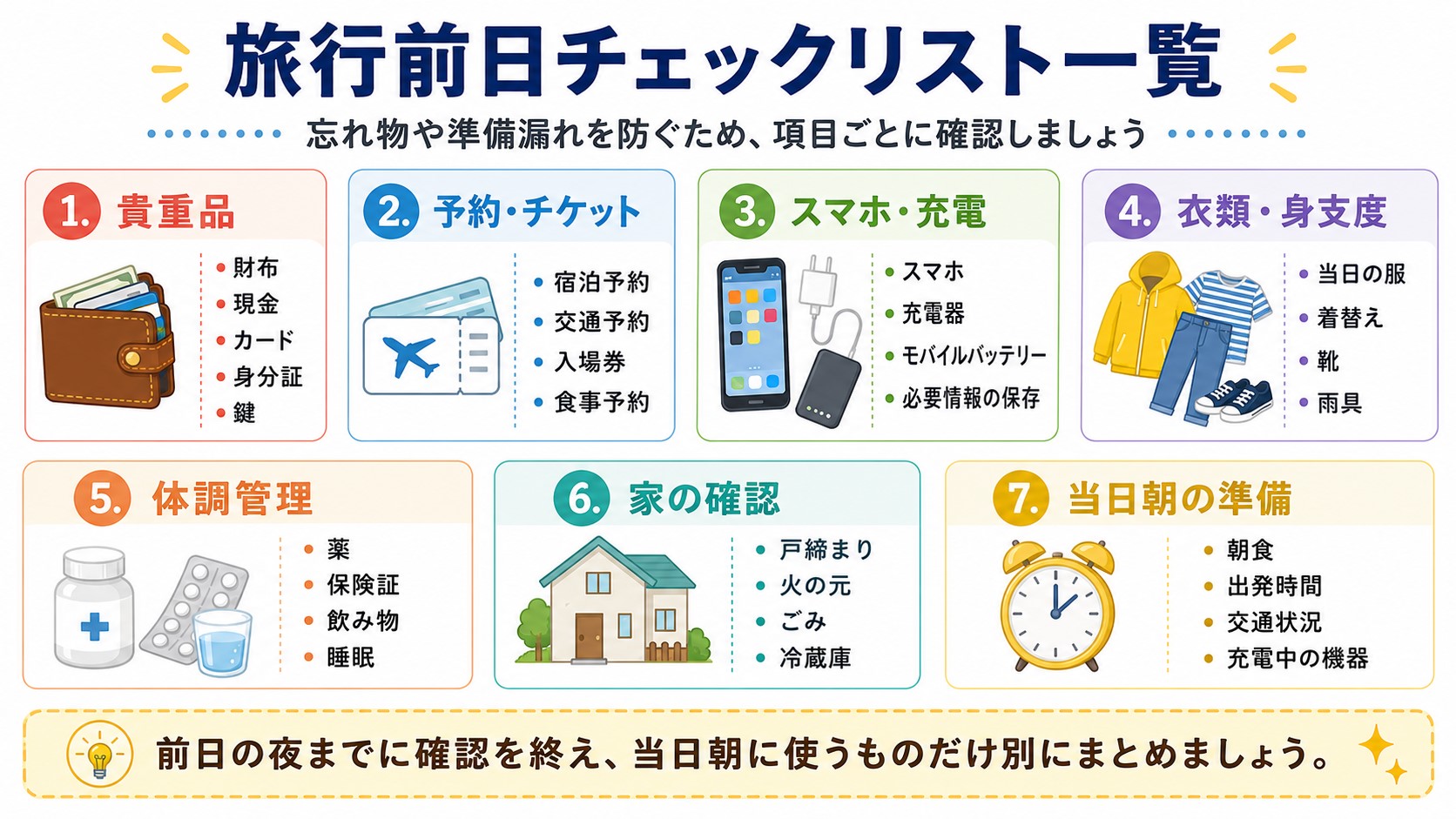 貴重品・予約・充電・衣類・体調・家・当日朝に分けた旅行前日チェックリスト
