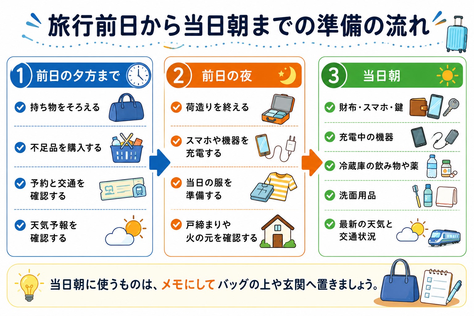 旅行前日の夕方・夜・当日朝に確認する持ち物や充電、戸締まりをまとめた図解