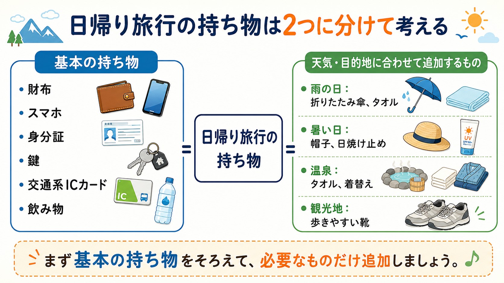 日帰り旅行の持ち物を基本用品と天気・目的地別の追加用品に分けて説明する図