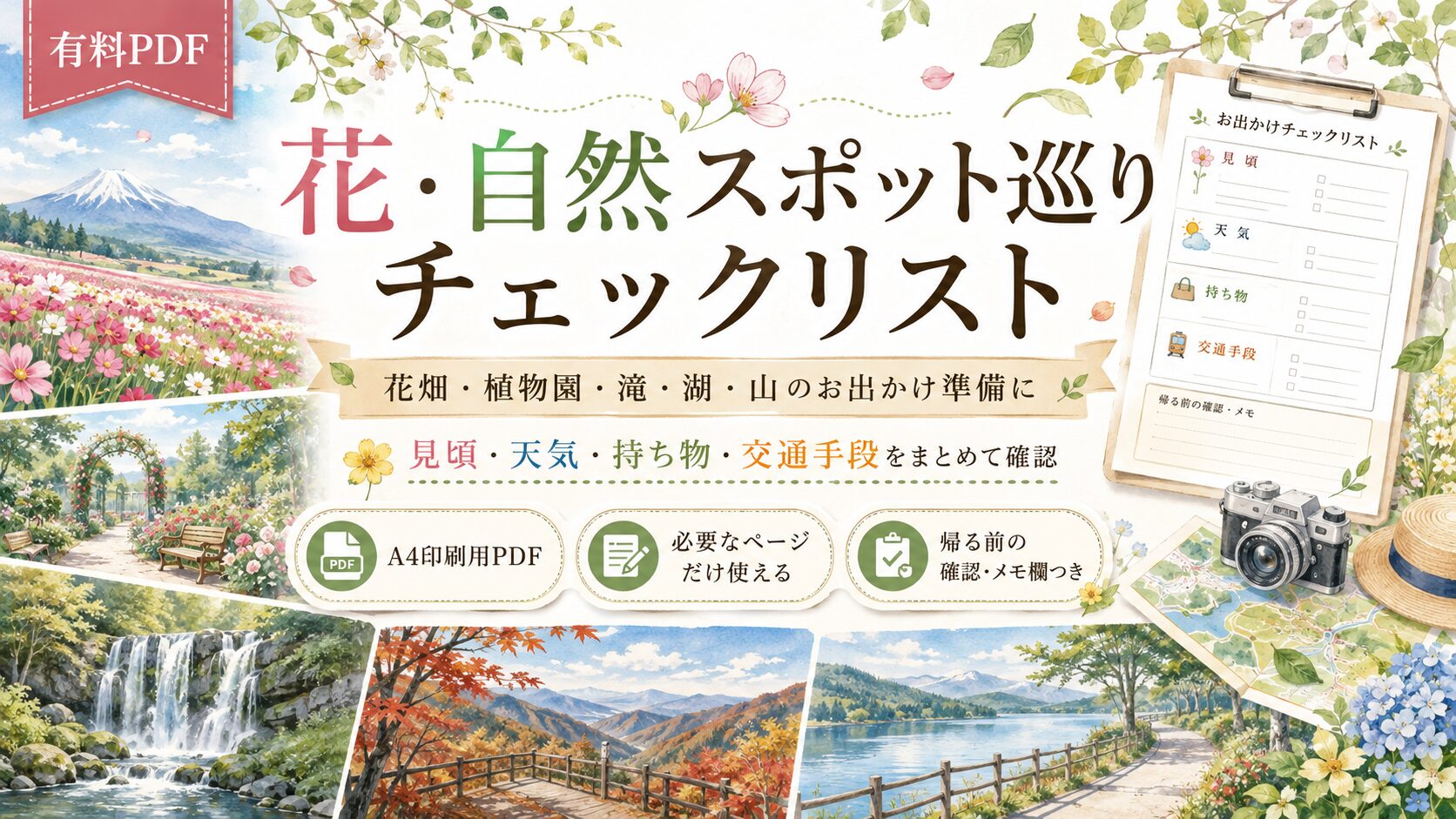 花・自然スポット巡りチェックリスト｜花畑・植物園・滝・湖・山のお出かけ準備
