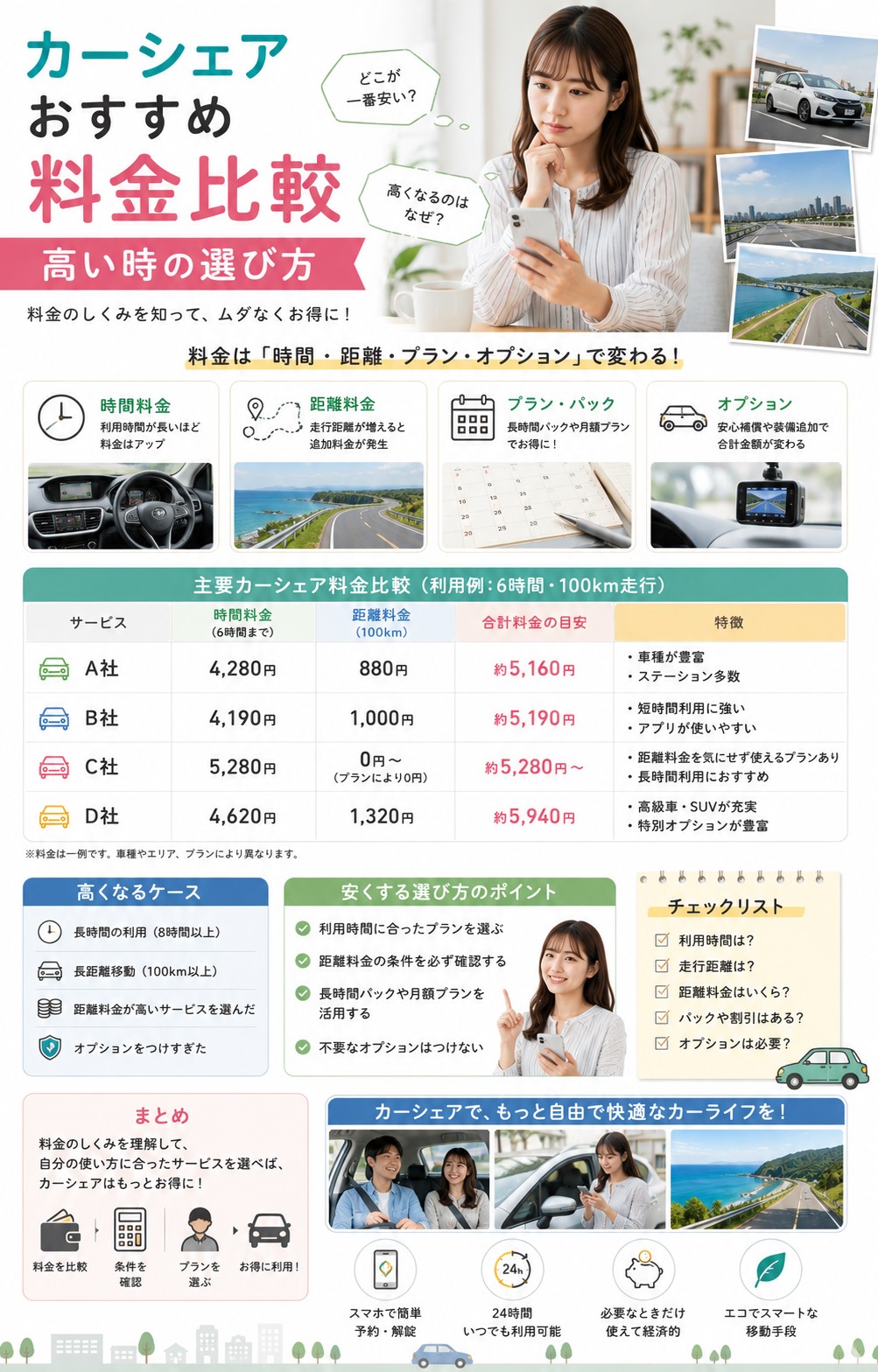カーシェアおすすめ料金比較|高い時の選び方