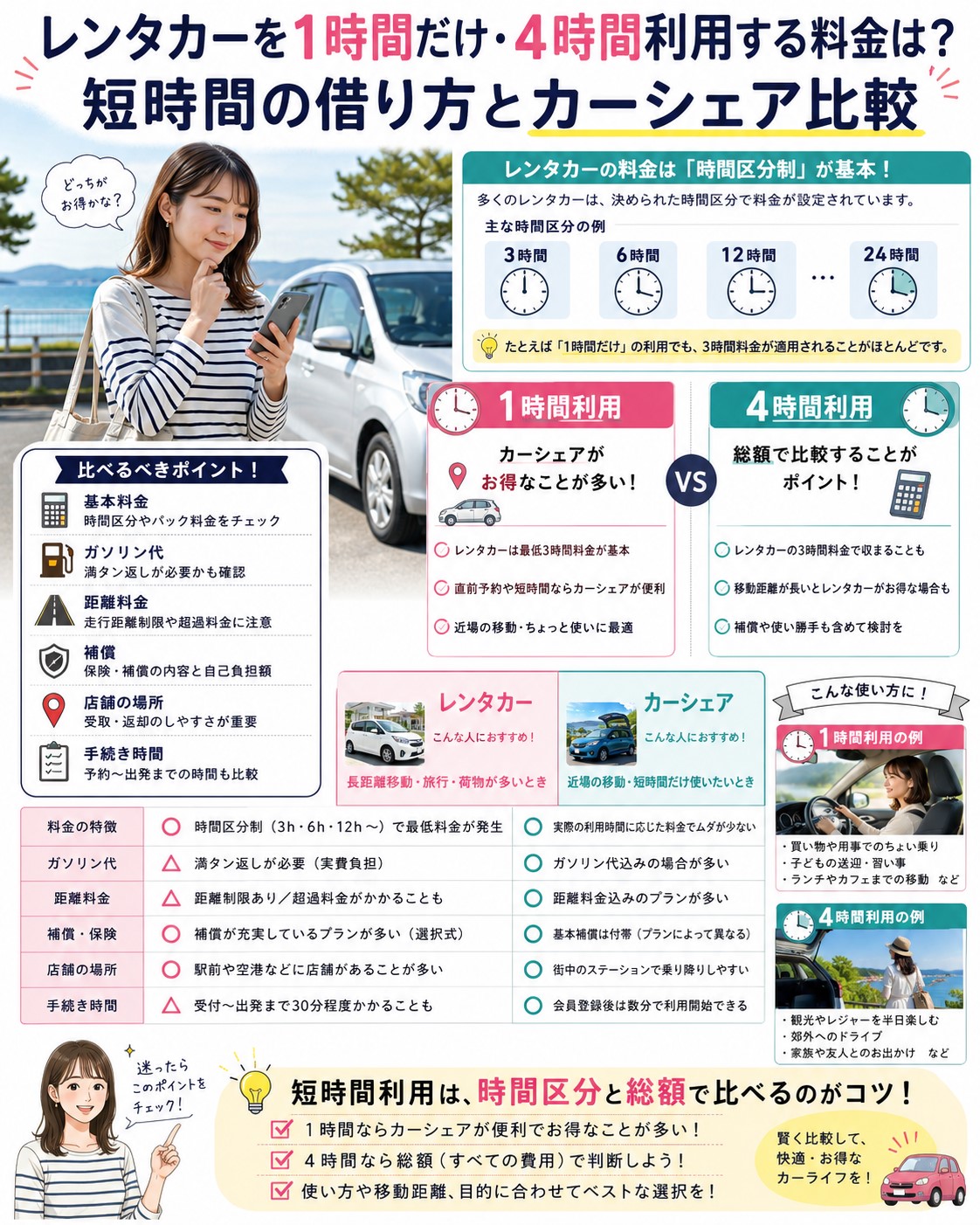 レンタカーを1時間だけ・4時間利用する料金は？短時間の借り方とカーシェア比較