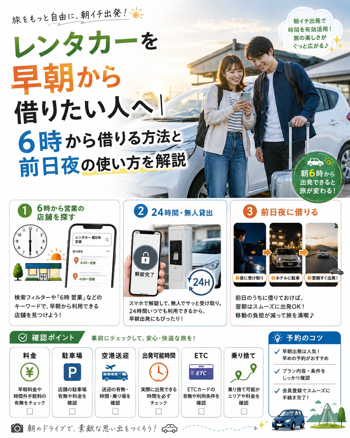 レンタカーを早朝から借りたい人へ｜6時から借りる方法と前日夜の使い方を解説