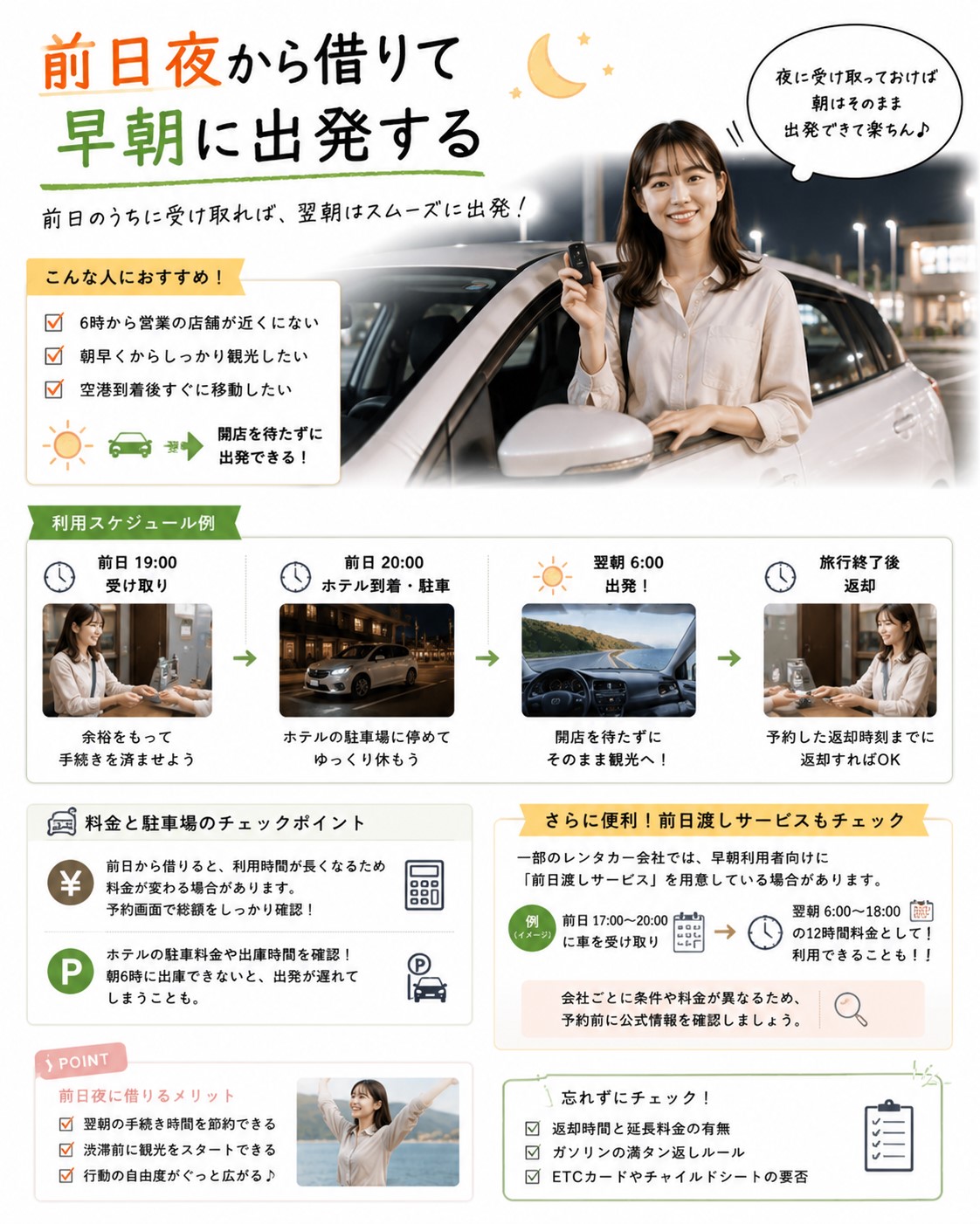 前日夜から借りて早朝に出発する