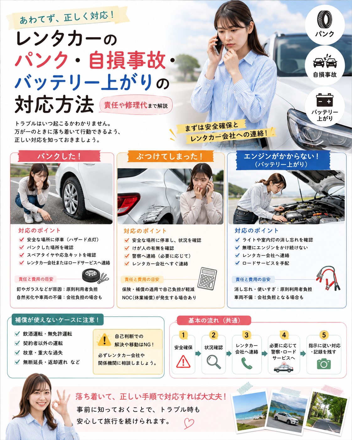 レンタカーのパンク・自損事故・バッテリー上がりの対応方法|責任や修理代まで解説