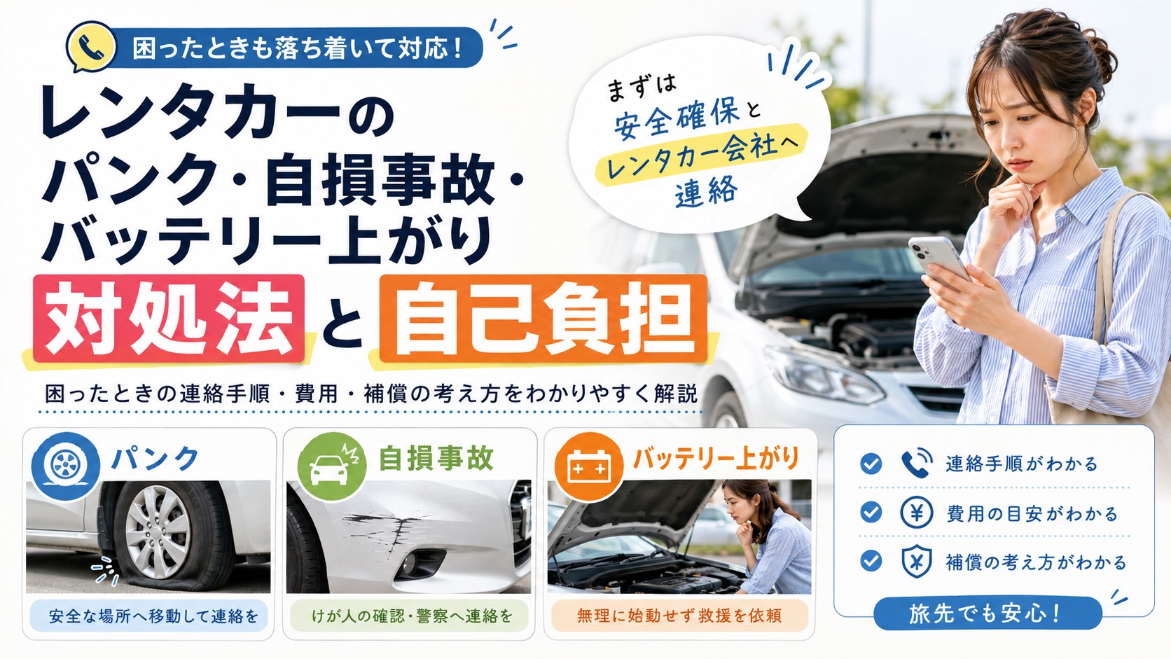 レンタカーのパンク・自損事故・バッテリー上がり対処法と自己負担