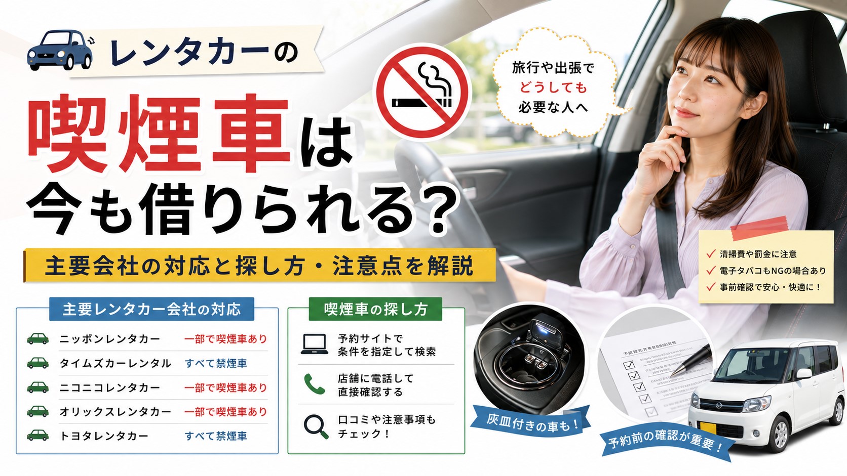 レンタカーの喫煙車は今も借りられる？主要会社の対応と探し方・注意点を解説