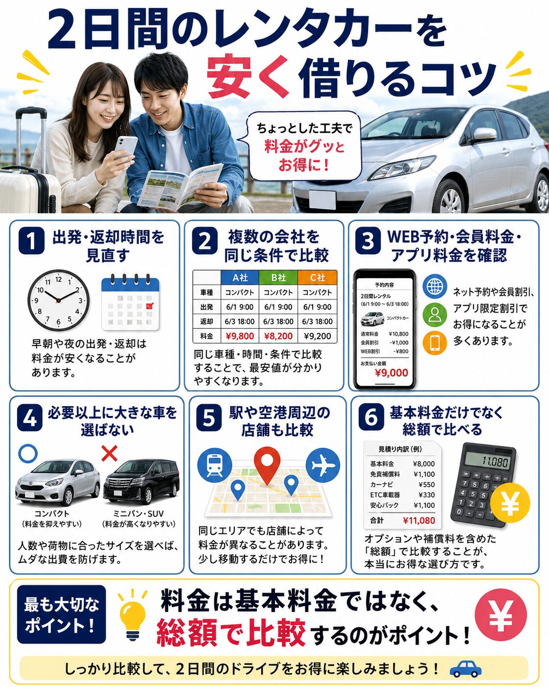 2日間のレンタカーを安く借りるコツ