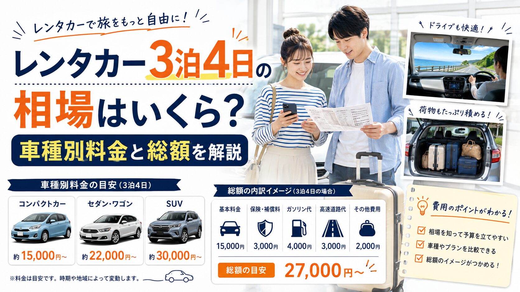 レンタカー3泊4日の相場はいくら？車種別料金と総額を解説
