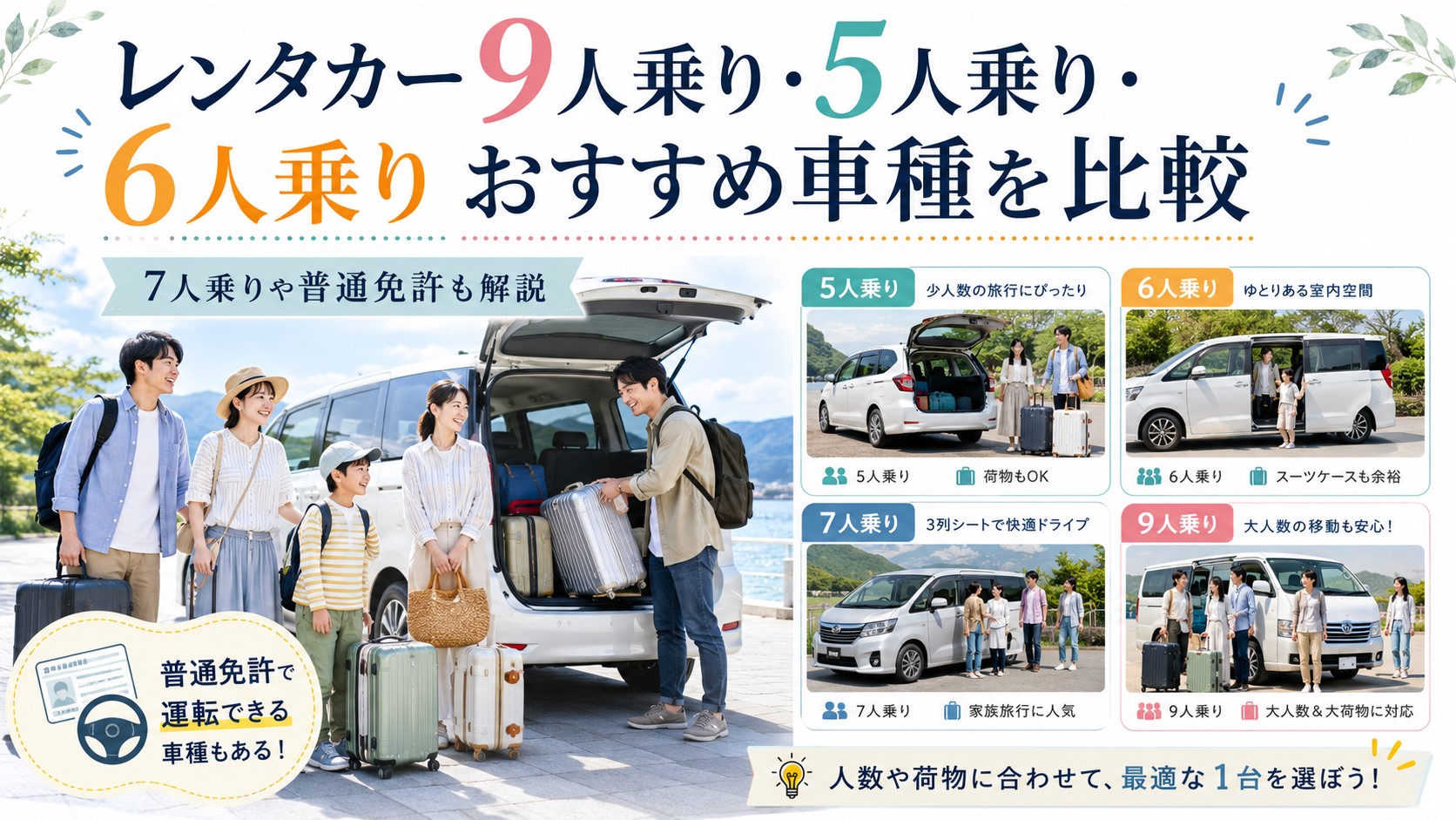 レンタカー9人乗り・5人乗り・6人乗りおすすめ車種を人数別に比較