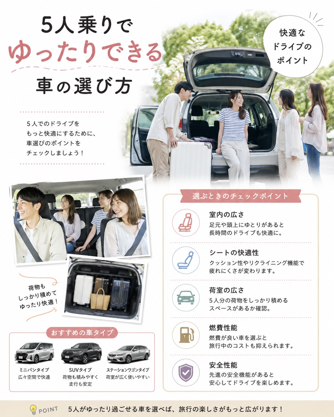 5人乗りでゆったりできる車の選び方