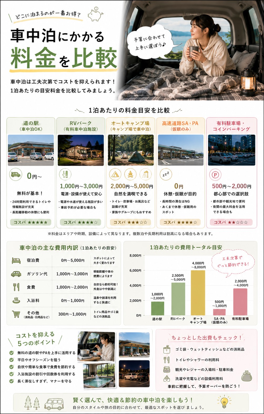 車中泊にかかる料金を比較