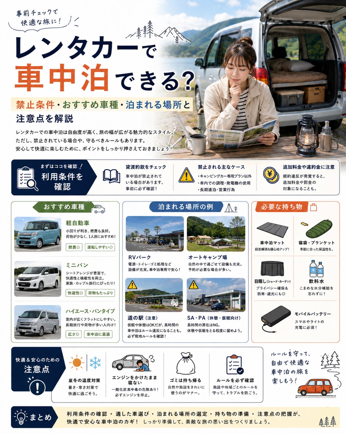 レンタカーで車中泊できる？禁止条件・おすすめ車種・泊まれる場所と注意点を解説