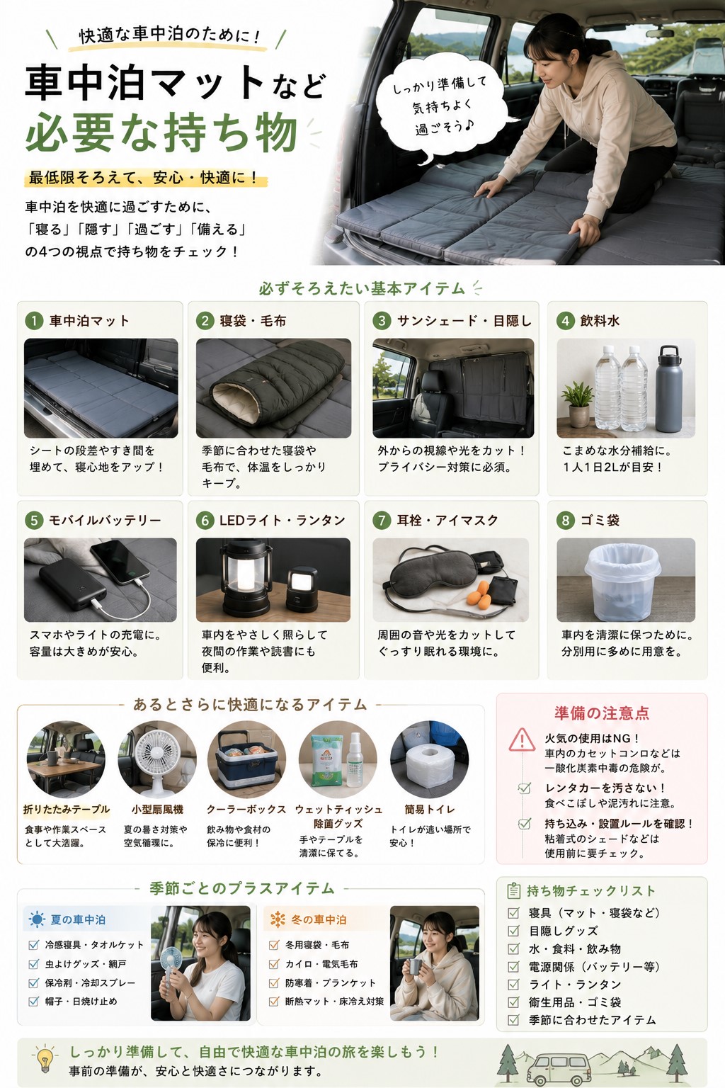 車中泊マットなど必要な持ち物
