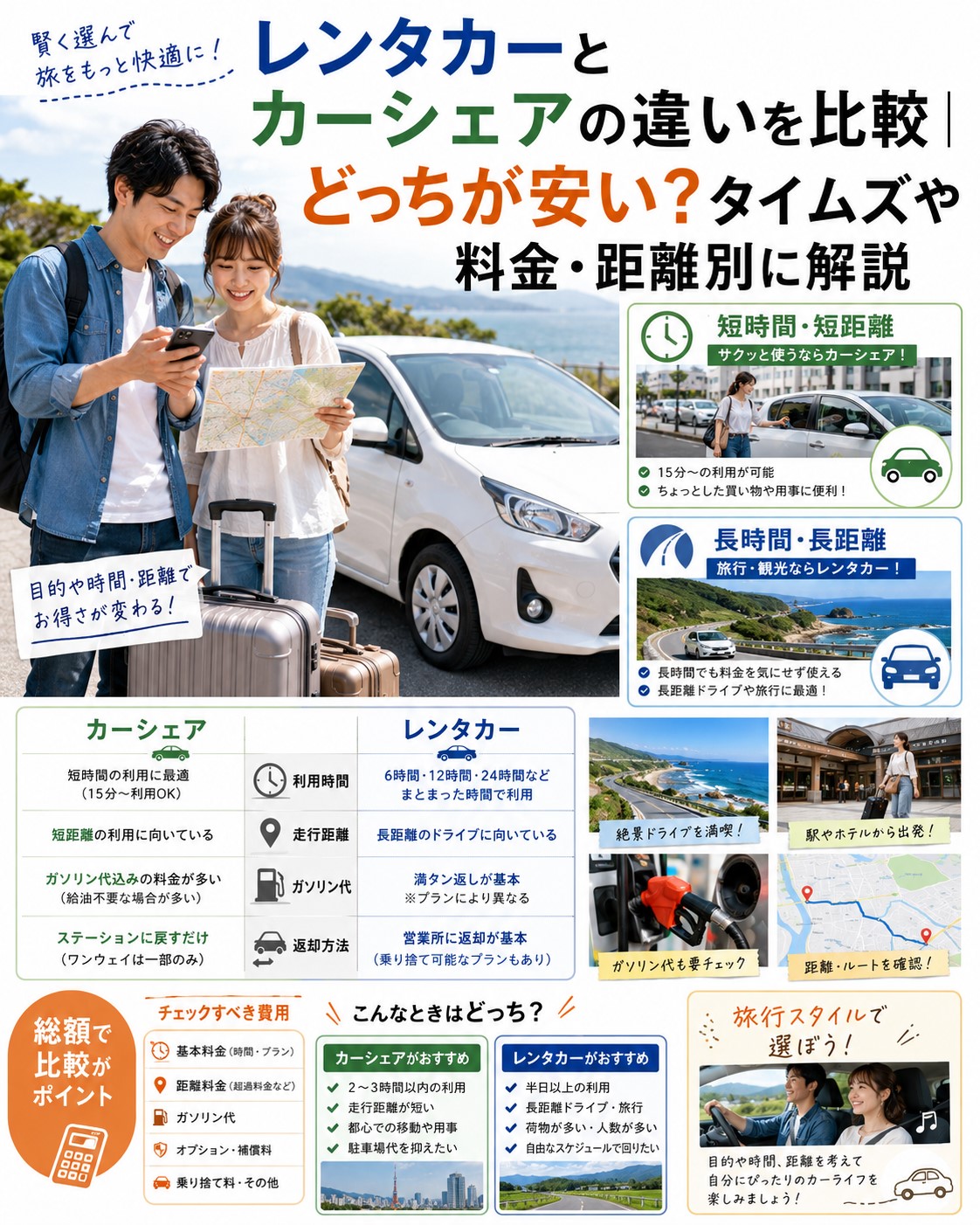 レンタカーとカーシェアの違いを比較｜どっちが安い？タイムズや料金・距離別に解説