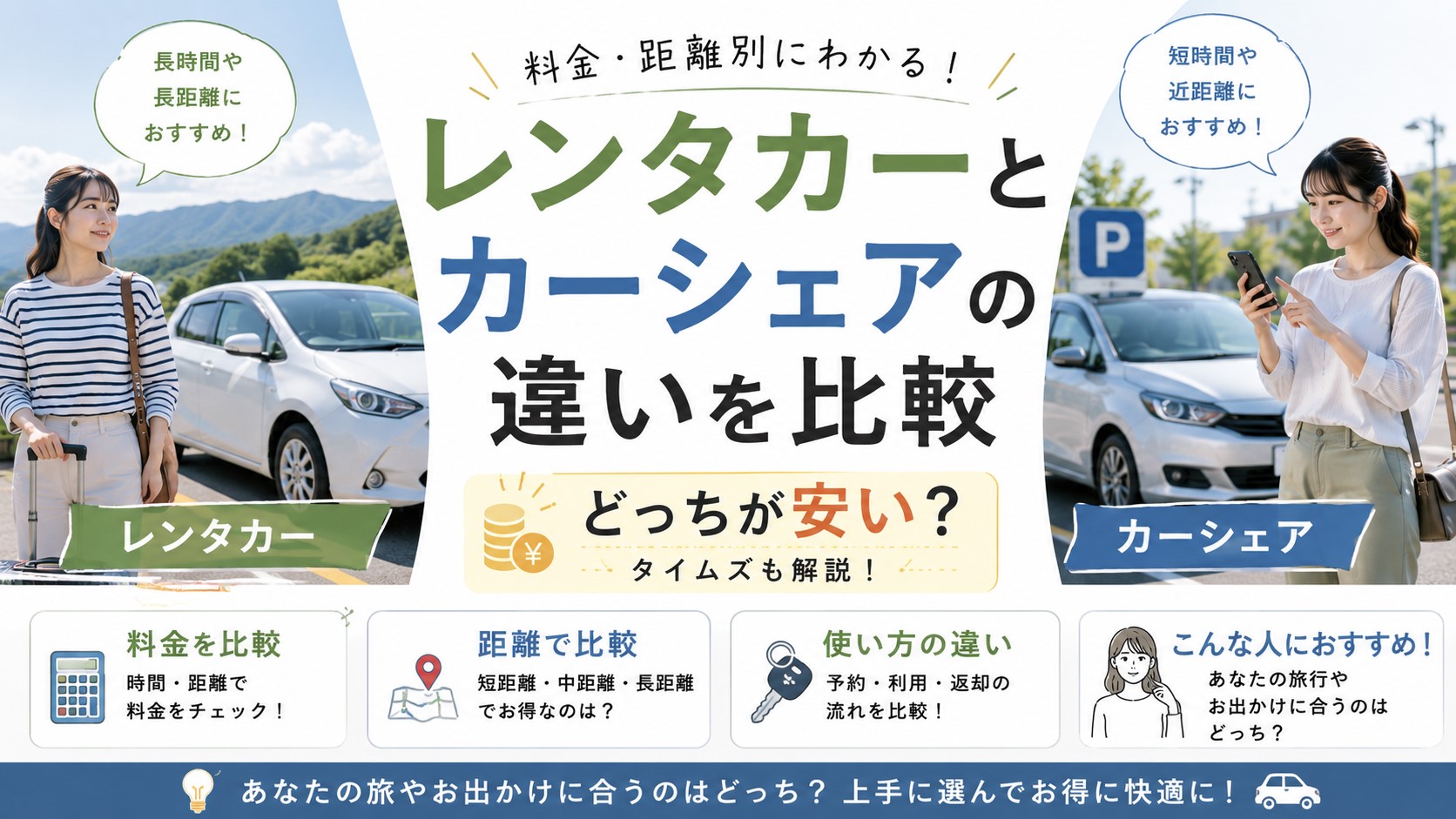 レンタカーとカーシェアの違いを比較｜どっちが安い？タイムズも解説