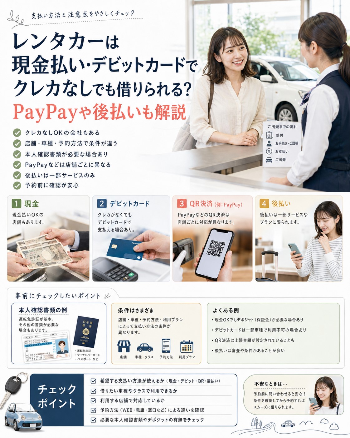 レンタカーは現金払い・デビットカードでクレカなしでも借りられる?PayPayや後払いも解説