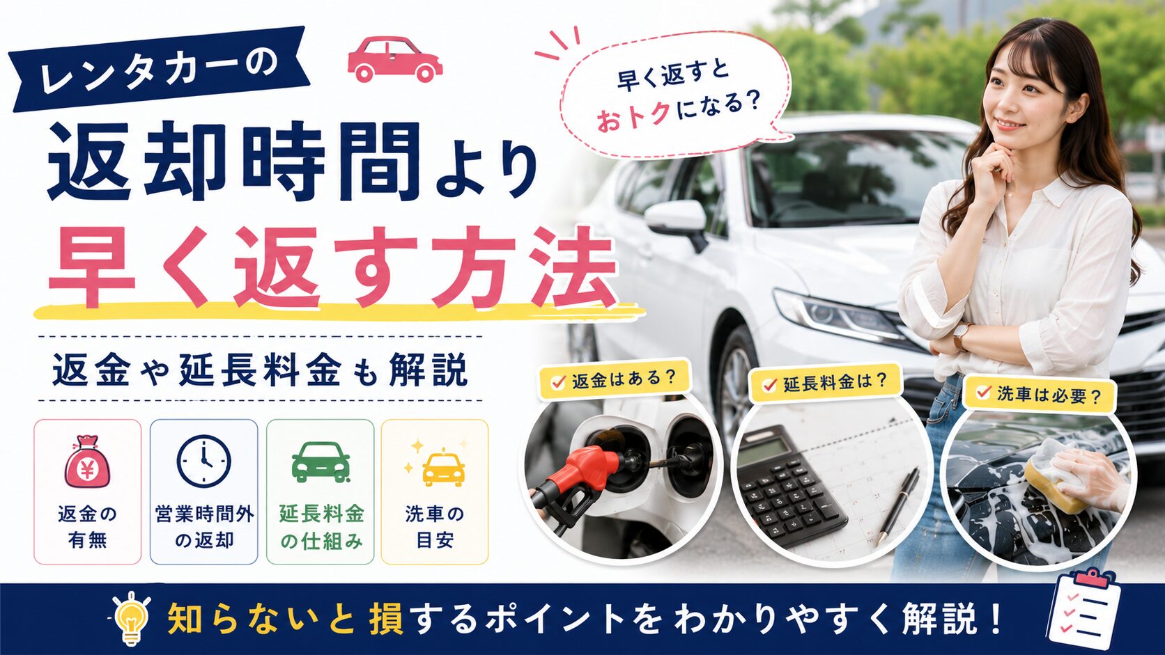レンタカーの返却時間より早く返す方法｜返金や延長料金も解説