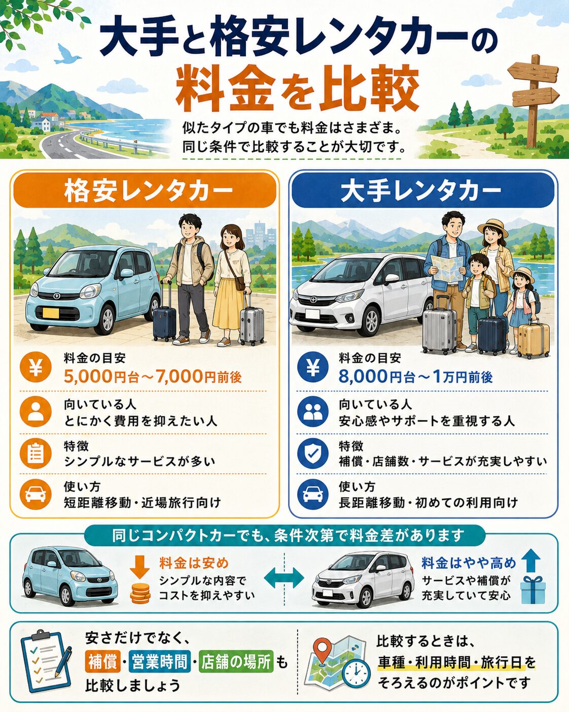 大手と格安レンタカーの料金を比較