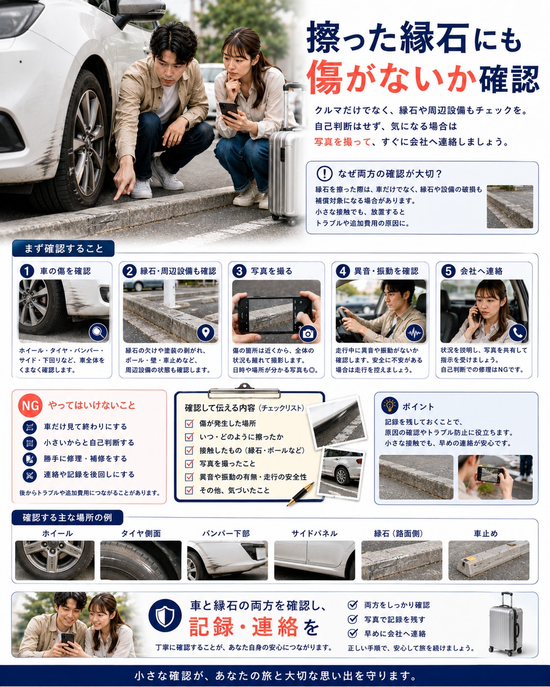 擦った縁石にも傷がないか確認