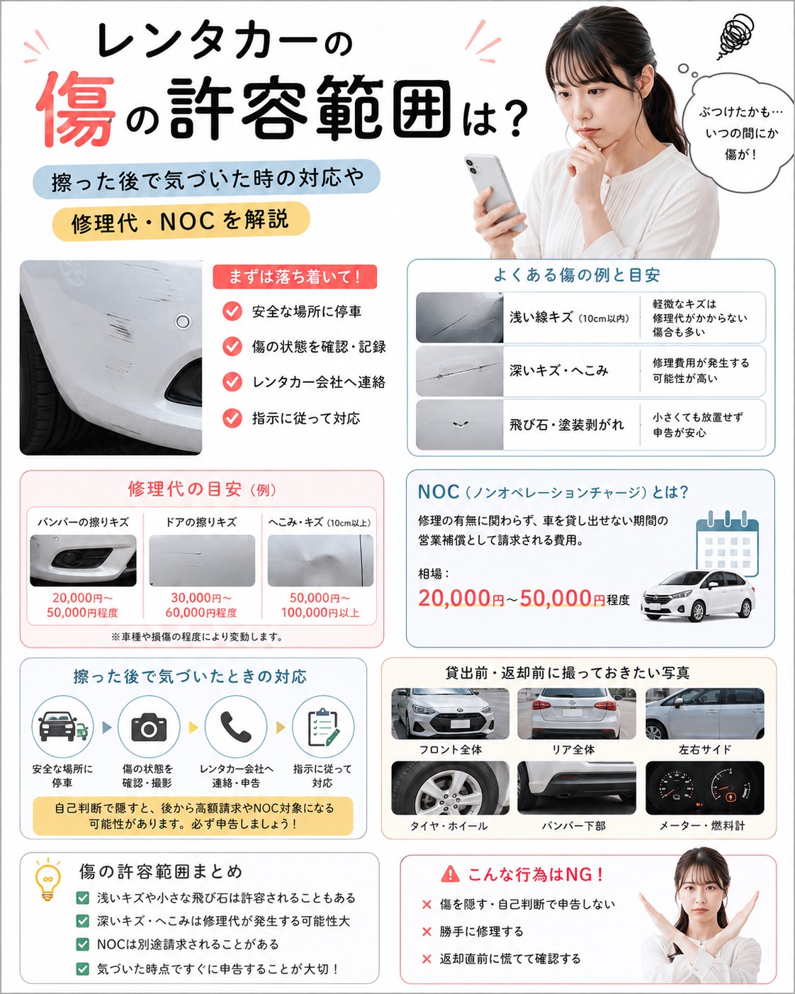 レンタカーの傷の許容範囲は？擦った後で気づいた時の対応や修理代・NOCを解説