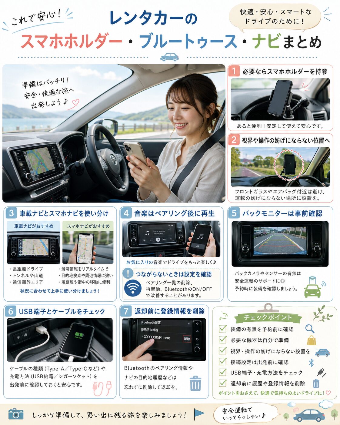 レンタカーのスマホホルダー・ブルートゥース・ナビまとめ