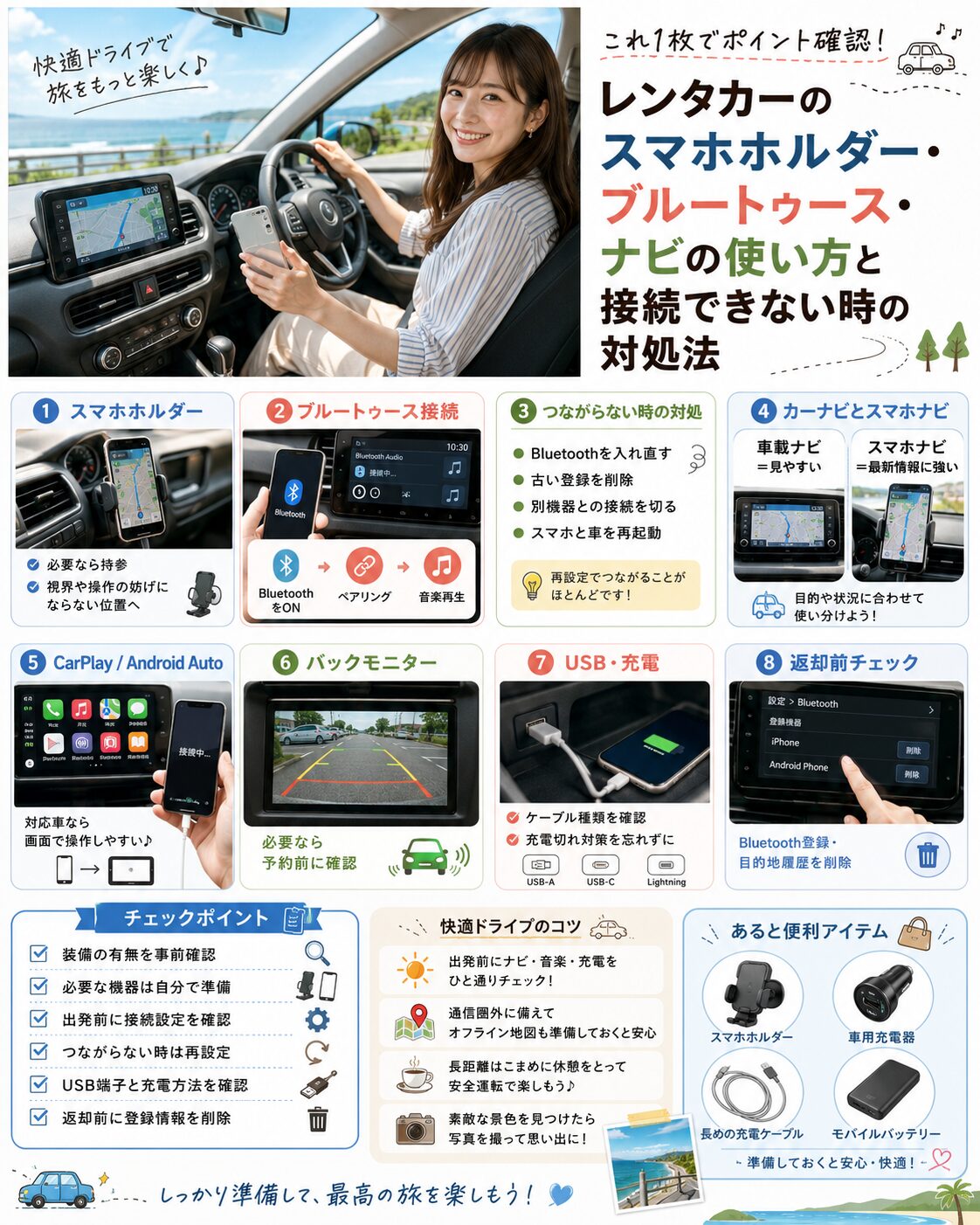 レンタカーのスマホホルダー・ブルートゥース・ナビの使い方と接続できない時の対処法