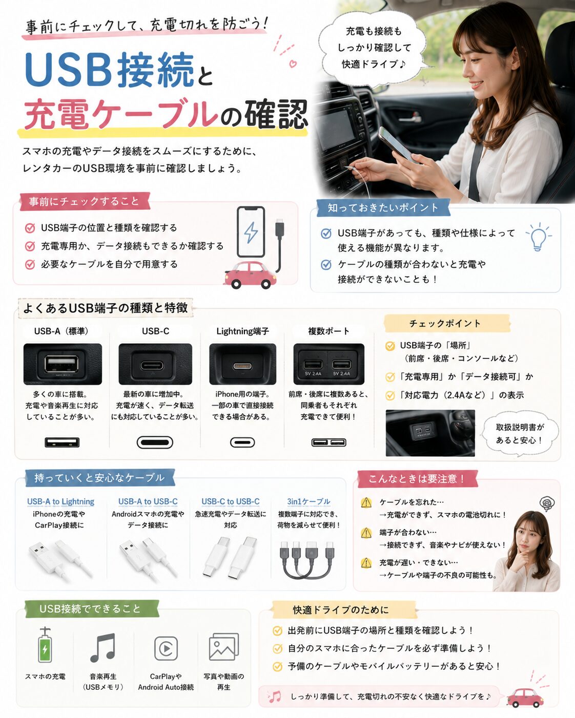 USB接続と充電ケーブルの確認