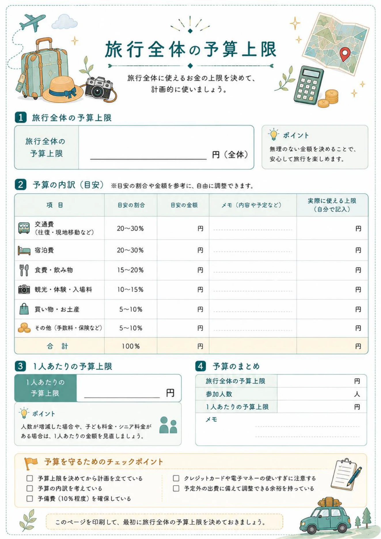 旅行全体の予算上限を書き込める旅行予算チェックリスト