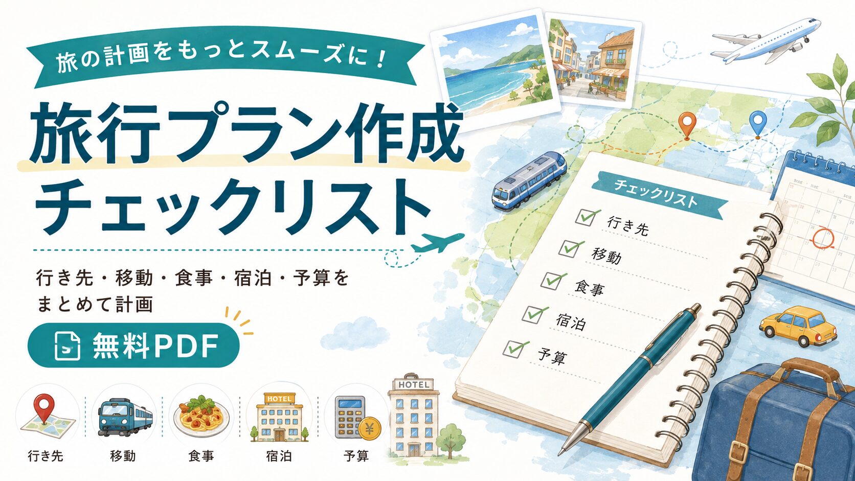 旅行プラン作成チェックリスト｜行き先・移動・食事・宿泊・予算をまとめて計画【無料PDF】