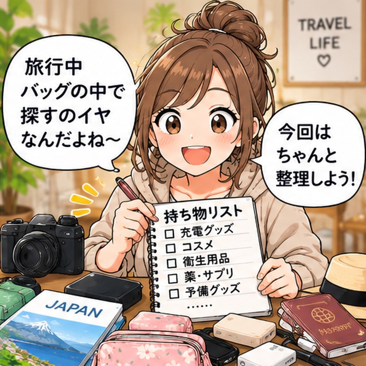 旅乃ちゃんの旅行あるある第12話「ポーチに分けすぎた」の1コマ目