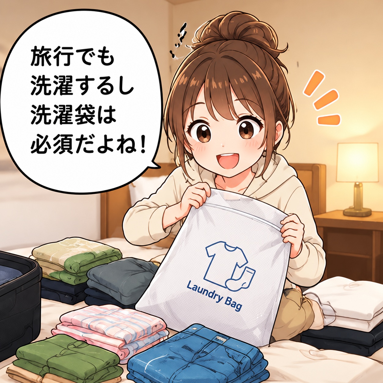 旅乃ちゃんの旅行あるある第16話「洗濯袋、何入れた？」の1コマ目