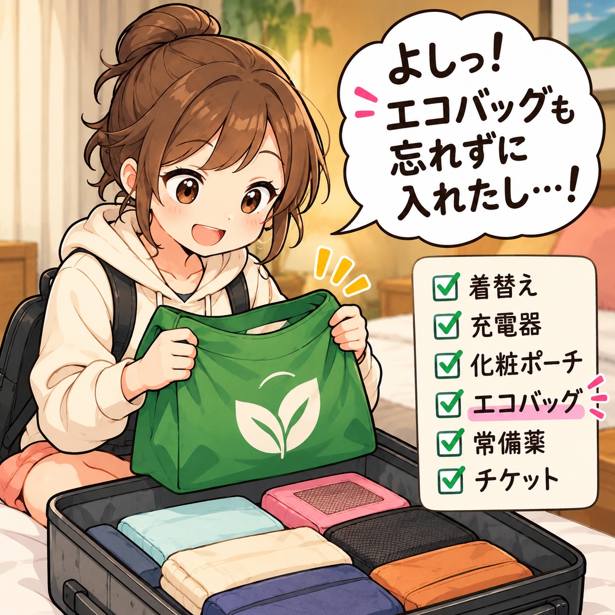 旅乃ちゃんの旅行あるある第13話「エコバッグは持った！」の2コマ目