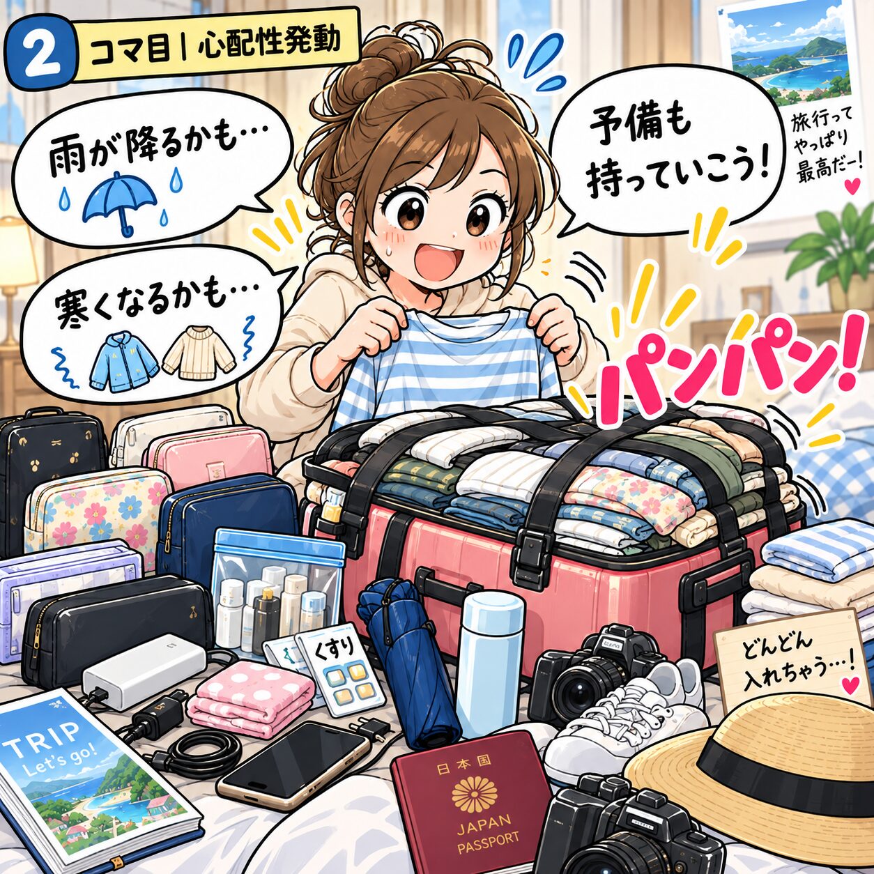 雨や寒さを心配して予備の荷物を次々にスーツケースへ入れる旅乃ちゃん