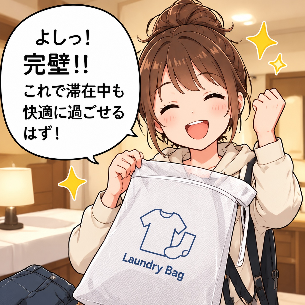 旅乃ちゃんの旅行あるある第16話「洗濯袋、何入れた？」の3コマ目