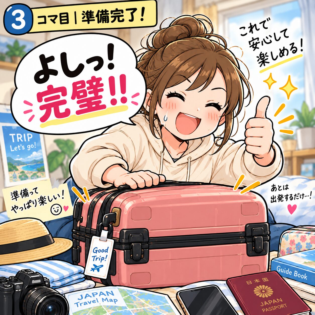 荷造りを終えて「よしっ!完璧!!」と満足する旅乃ちゃん