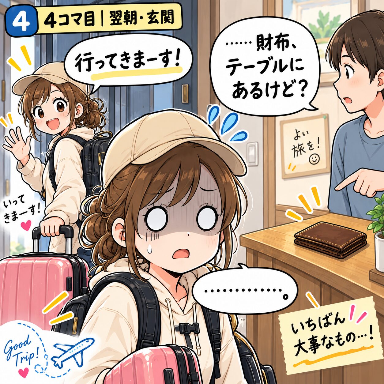旅行へ出発する直前に財布をテーブルへ忘れていることに気づく旅乃ちゃん